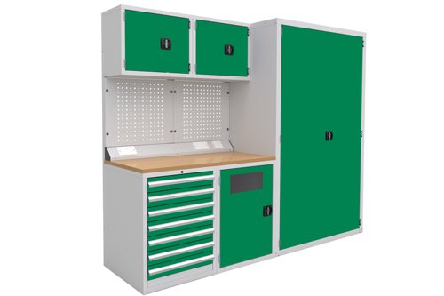 Euro slide Modular Workshop Kit 2 - Beech Worktop and Green Cupboards/Drawers Euro slide Modular Workshop Kit 2 - Beech Worktop and Green Cupboards/Drawers