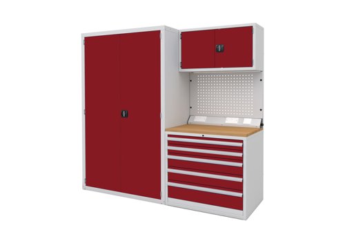 Euro slide Modular Workshop Kit 3 - Beech Worktop and Red Cupboards/Drawers Euro slide Modular Workshop Kit 3 - Beech Worktop and Red Cupboards/Drawers