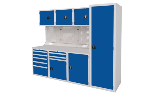 Euro slide Modular Workshop Kit 4 - Laminate Worktop and Blue Cupboards/Drawers Euro slide Modular Workshop Kit 4 - Laminate Worktop and Blue Cupboards/Drawers