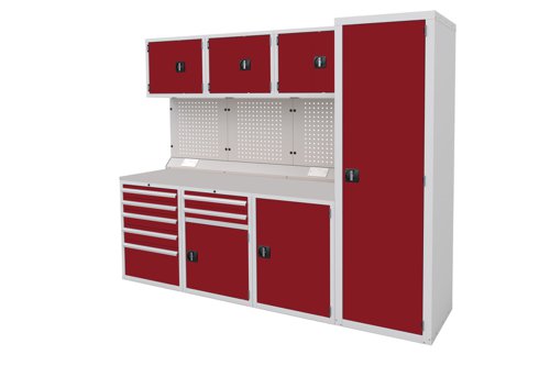 Euro slide Modular Workshop Kit 4 - Laminate Worktop and Red Cupboards/Drawers Euro slide Modular Workshop Kit 4 - Laminate Worktop and Red Cupboards/Drawers