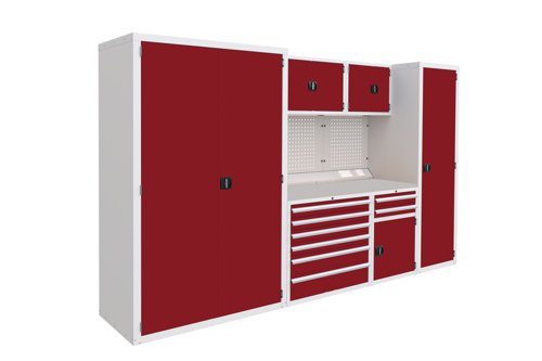 Euro slide Modular Workshop Kit 5 - Laminate Worktop and Red Cupboards/Drawers Euro slide Modular Workshop Kit 5 - Laminate Worktop and Red Cupboards/Drawers