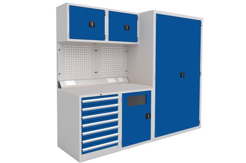 Euro slide Modular Workshop Kit 2 - Laminate Worktop and Blue Cupboards/Drawers Euro slide Modular Workshop Kit 2 - Laminate Worktop and Blue Cupboards/Drawers
