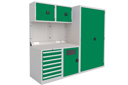Euro slide Modular Workshop Kit 2 - Laminate Worktop and Green Cupboards/Drawers Euro slide Modular Workshop Kit 2 - Laminate Worktop and Green Cupboards/Drawers