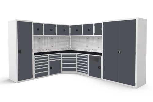 Euro slide Modular Workshop Corner Kit 2 - Black Laminate Worktop and Dark Grey Cupboards/Drawers Euro slide Modular Workshop Corner Kit 2 - Black Laminate Worktop and Dark Grey Cupboards/Drawers