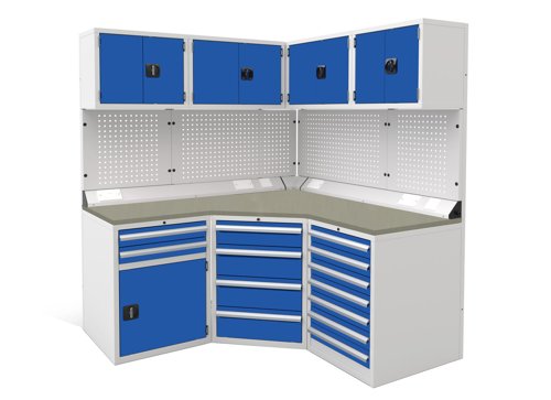 Euro slide Modular Workshop Corner Kit 1 - Linoleum Worktop and Blue Cupboards/Drawers Euro slide Modular Workshop Corner Kit 1 - Linoleum Worktop and Blue Cupboards/Drawers