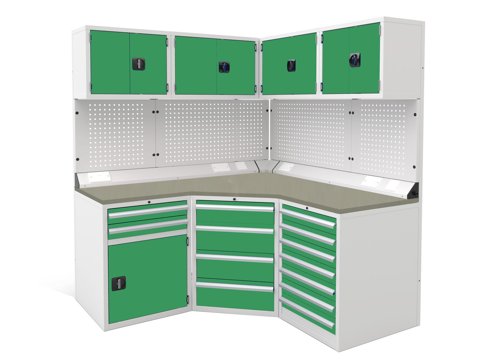 Euro slide Modular Workshop Corner Kit 1 - Linoleum Worktop and Green Cupboards/Drawers Euro slide Modular Workshop Corner Kit 1 - Linoleum Worktop and Green Cupboards/Drawers