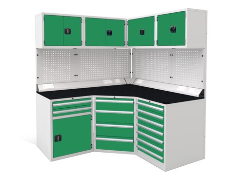 Euro slide Modular Workshop Corner Kit 1 - Black Laminate Worktop and Green Cupboards/Drawers Euro slide Modular Workshop Corner Kit 1 - Black Laminate Worktop and Green Cupboards/Drawers