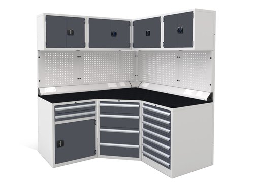 Euro slide Modular Workshop Corner Kit 1 - Black Laminate Worktop and Dark Grey Cupboards/Drawers Euro slide Modular Workshop Corner Kit 1 - Black Laminate Worktop and Dark Grey Cupboards/Drawers