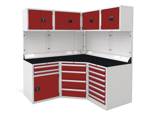 Euro slide Modular Workshop Corner Kit 1 - Black Laminate Worktop and Red Cupboards/Drawers Euro slide Modular Workshop Corner Kit 1 - Black Laminate Worktop and Red Cupboards/Drawers