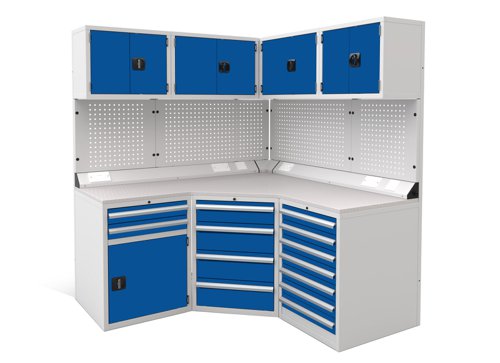 Euro slide Modular Workshop Corner Kit 1 - Laminate Worktop and Blue Cupboards/Drawers Euro slide Modular Workshop Corner Kit 1 - Laminate Worktop and Blue Cupboards/Drawers