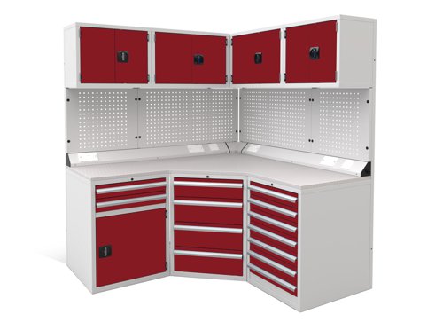 Euro slide Modular Workshop Corner Kit 1 - Laminate Worktop and Red Cupboards/Drawers Euro slide Modular Workshop Corner Kit 1 - Laminate Worktop and Red Cupboards/Drawers
