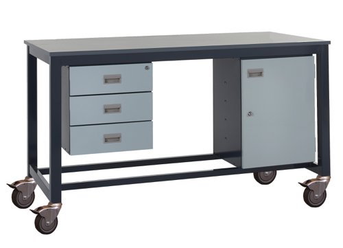 Mobile Heavy Duty Workbench - Laminate Top 840h x 1500w x 750d mm - Storage Cupboard & Triple Drawer Unit Mobile Heavy Duty Workbench - Laminate Top 840h x 1500w x 750d mm - Storage Cupboard & Triple Drawer Unit