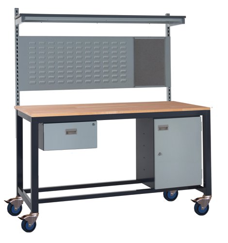 Mobile Heavy Duty Workbench - Beech Top 840h x 1200w x 750d mm - Single Drawer, Storage Cupboard, 760d mm Rear Support Posts, Louvre Panel & Laminate Mobile Heavy Duty Workbench - Beech Top 840h x 1200w x 750d mm - Single Drawer, Storage Cupboard, 760d mm Rear Support Posts, Louvre Panel & Laminate
