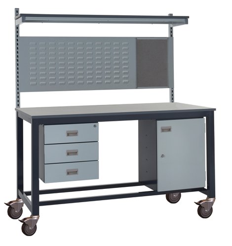 Mobile Heavy Duty Workbench - Laminate Top 840h x 1200w x 750d mm - Storage Cupboard, Triple Drawer Unit, 760mm Rear Support Posts, Louvre Panel & Lam Mobile Heavy Duty Workbench - Laminate Top 840h x 1200w x 750d mm - Storage Cupboard, Triple Drawer Unit, 760mm Rear Support Posts, Louvre Panel & Lam