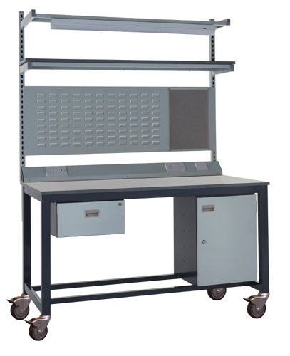 Mobile Heavy Duty Workbench - Laminate Top 840h x 1200w x 750d mm - Single Drawer, Storage Cupboard, 1180mm Rear Support Posts, Service Duct Worktop F Mobile Heavy Duty Workbench - Laminate Top 840h x 1200w x 750d mm - Single Drawer, Storage Cupboard, 1180mm Rear Support Posts, Service Duct Worktop F