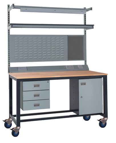 Mobile Heavy Duty Workbench - Beech Top 840h x 1800w x 750d mm - Storage Cupboard, Triple Drawer Unit, 1180d mm Rear Support Posts, Service Duct Workt Mobile Heavy Duty Workbench - Beech Top 840h x 1800w x 750d mm - Storage Cupboard, Triple Drawer Unit, 1180d mm Rear Support Posts, Service Duct Workt