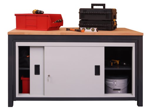 Sliding Door Heavy Duty Workbench - 840h x 1500w x 750d mm Beech worktop 27mm thick Sliding Door Heavy Duty Workbench - 840h x 1500w x 750d mm Beech worktop 27mm thick