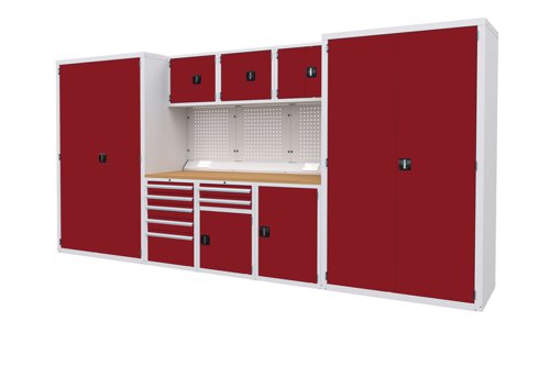 Euro slide Modular Workshop Kit 6 - Beech Worktop and Red Cupboards/Drawers Euro slide Modular Workshop Kit 6 - Beech Worktop and Red Cupboards/Drawers