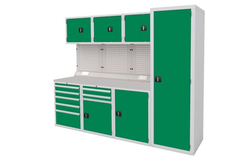 Euro slide Modular Workshop Kit 4 - Laminate Worktop and Green Cupboards/Drawers Euro slide Modular Workshop Kit 4 - Laminate Worktop and Green Cupboards/Drawers