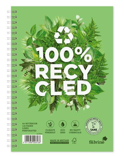 Silvine Premium Recycled A5 Wirebound Card Cover Notebook Ruled 120 Pages Green (Pack 5) - R103