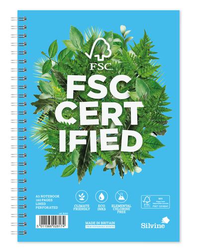 Spiral Note Books Silvine Premium FSC A5 Wirebound Card Cover Notebook Ruled 160 Pages Blue/Green (Pack 5)