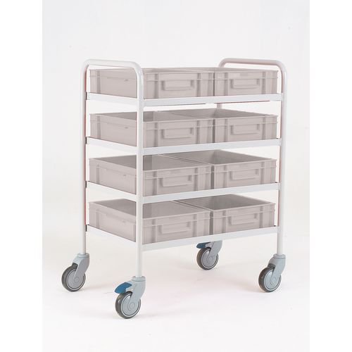 Four tier trolley with 8 plastic trays Four tier trolley with 8 plastic trays