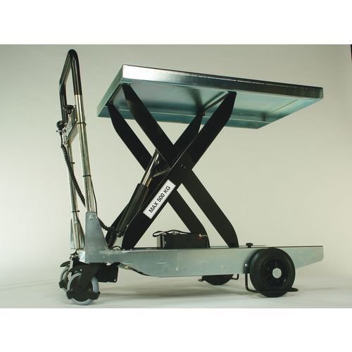 Galvanised mobile lifting tables - Battery powered pump, 500kg capacity Galvanised mobile lifting tables - Battery powered pump, 500kg capacity