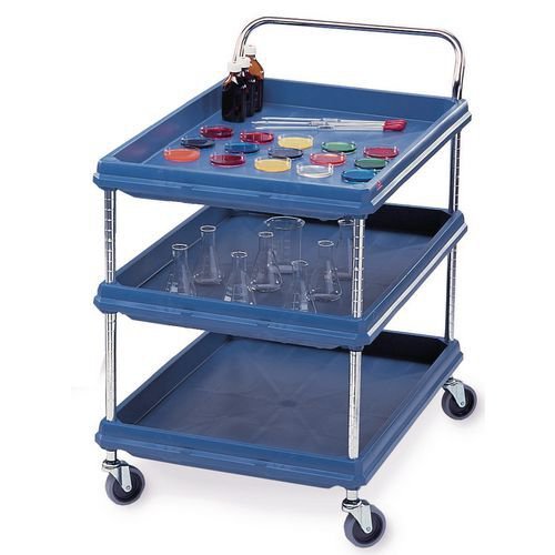 Deep ledge plastic shelf trolleys with 3 blue shelves 984 x 689mm Deep ledge plastic shelf trolleys with 3 blue shelves 984 x 689mm