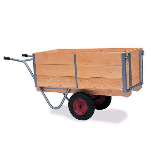 Balanced general purpose trucks, tall side and handle at one end Balanced general purpose trucks, tall side and handle at one end