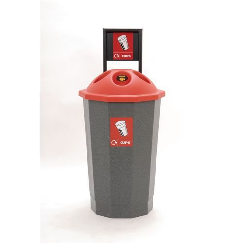 Colour coded recycling bins, red cup bank Colour coded recycling bins, red cup bank