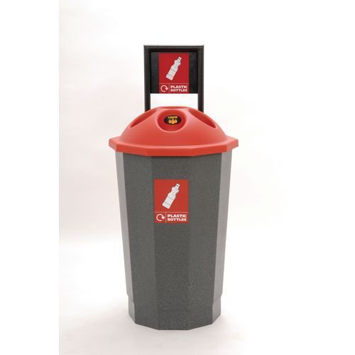 Colour coded recycling bins, red plastic bottle bank Colour coded recycling bins, red plastic bottle bank