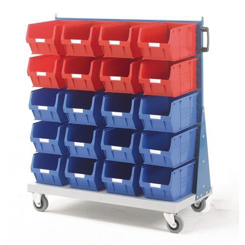 Louvre panel trolleys with small parts bins - Complete with containers Single sided Louvre panel trolleys with small parts bins - Complete with containers Single sided