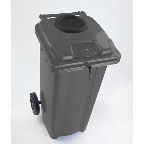 Two wheeled bins with special apertures - 2 wheeled bins with bottle bank aperture and standard lid lock Two wheeled bins with special apertures - 2 wheeled bins with bottle bank aperture and standard lid lock
