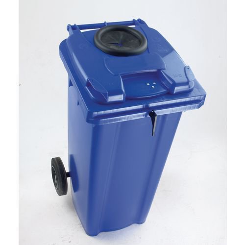 Two wheeled bins with special apertures - 2 wheeled bins with bottle bank aperture and standard lid lock Two wheeled bins with special apertures - 2 wheeled bins with bottle bank aperture and standard lid lock