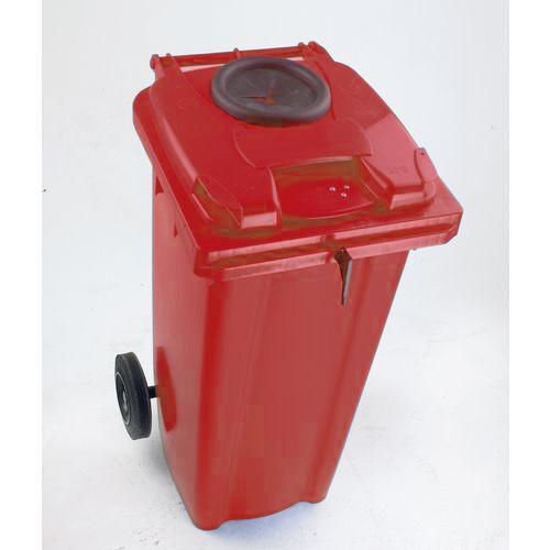 Two wheeled bins with special apertures - 2 wheeled bins with bottle bank aperture and standard lid lock Two wheeled bins with special apertures - 2 wheeled bins with bottle bank aperture and standard lid lock