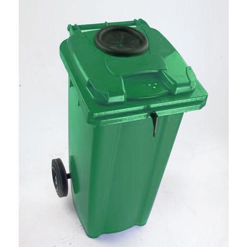 Two wheeled bins with special apertures - 2 wheeled bins with bottle bank aperture and standard lid lock Two wheeled bins with special apertures - 2 wheeled bins with bottle bank aperture and standard lid lock