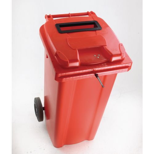 Two wheeled bins with special apertures - Confidential waste 2 wheeled bins with slot and standard lid lock Two wheeled bins with special apertures - Confidential waste 2 wheeled bins with slot and standard lid lock