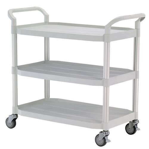 Three tier plastic utility tray trolleys with open sides and ends with 3 large white Three tier plastic utility tray trolleys with open sides and ends with 3 large white