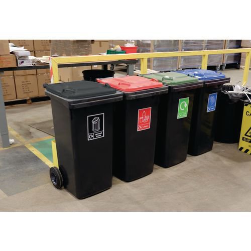 Recycling wheelie bins with colour coded lids and stickers - set of 4 Recycling wheelie bins with colour coded lids and stickers - set of 4