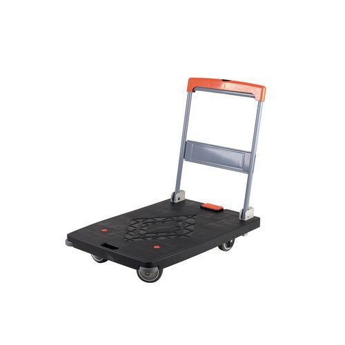 Folding plastic platform trucks with deadman's brake Folding plastic platform trucks with deadman's brake