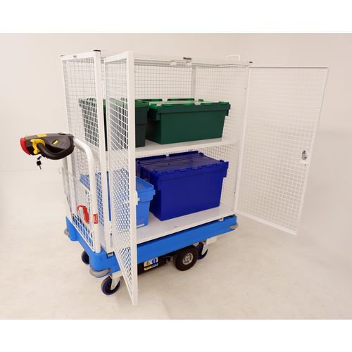 Slingsby powered Go-Far platform truck with tall 2 tier lockable security cage Slingsby powered Go-Far platform truck with tall 2 tier lockable security cage