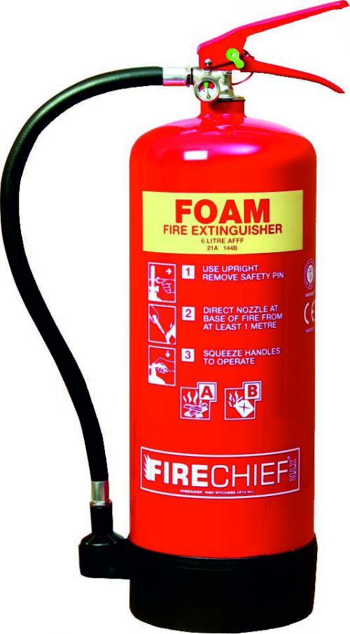 6 Litre Foam (21A 144B) Fire Extinguisher with spray nozzle; corrosion resistant finish; internal polyethylene lining and squeeze grip operation.