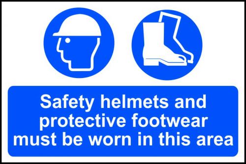 Self+adhesive+semi-rigid+PVC+Safety+Helmets+And+Protective+Footwear+Must+Be+Worn+In+This+Area+Sign+%28600+x+400mm%29.+Easy+to+fix