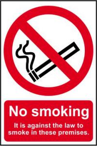No Smoking (it's against the law to smoke on these premises) sign (148 x 210mm). Manufactured from strong rigid PVC and is non-adhesive; 0.8mm thick.