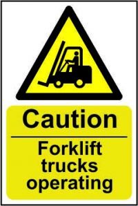 Caution Fork Lift Trucks Operating sign (200 x 300mm). Manufactured from strong rigid PVC and is non-adhesive; 0.8mm thick.