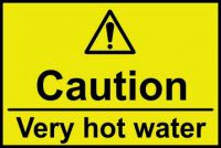 Caution Very Hot Water sign (75 x 75mm). Manufactured from strong rigid PVC and is non-adhesive; 0.8mm thick.