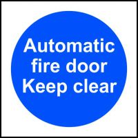 Self-adhesive vinyl Automatic Fire Door Keep Clear sign (100 x 100mm). Easy to use; simply peel off the backing and apply to a clean dry surface.