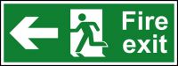 Fire Exit sign with running man and arrow left (400 x 150mm). Manufactured from strong rigid PVC and is non-adhesive; 0.8mm thick.