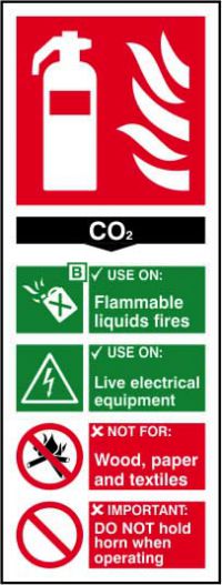 Self adhesive semi-rigid PVC Fire Extinguisher CO2 Sign (75x200mm). Easy to fix; simply peel off the backing and apply to a clean dry surface.