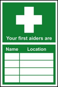 Your First Aiders Are sign (300 x 200mm). Manufactured from strong rigid PVC and is non-adhesive; 0.8mm thick.